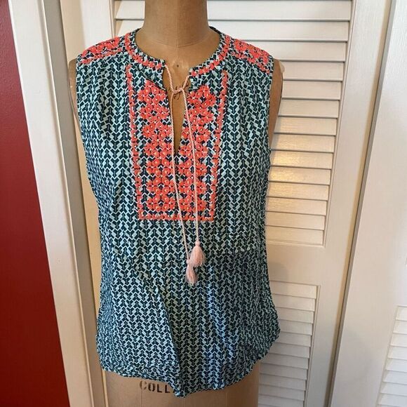J CREW | teal and pink sleeveless tassel blouse 6 - Picture 1 of 6